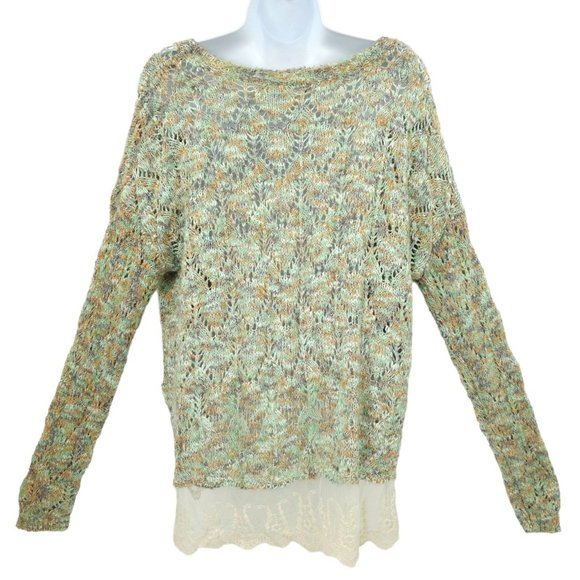Gimmicks By BKE Pullover Sweater Womens Size L Open Knit Lace Hem Trim Green Tan - Picture 2 of 15